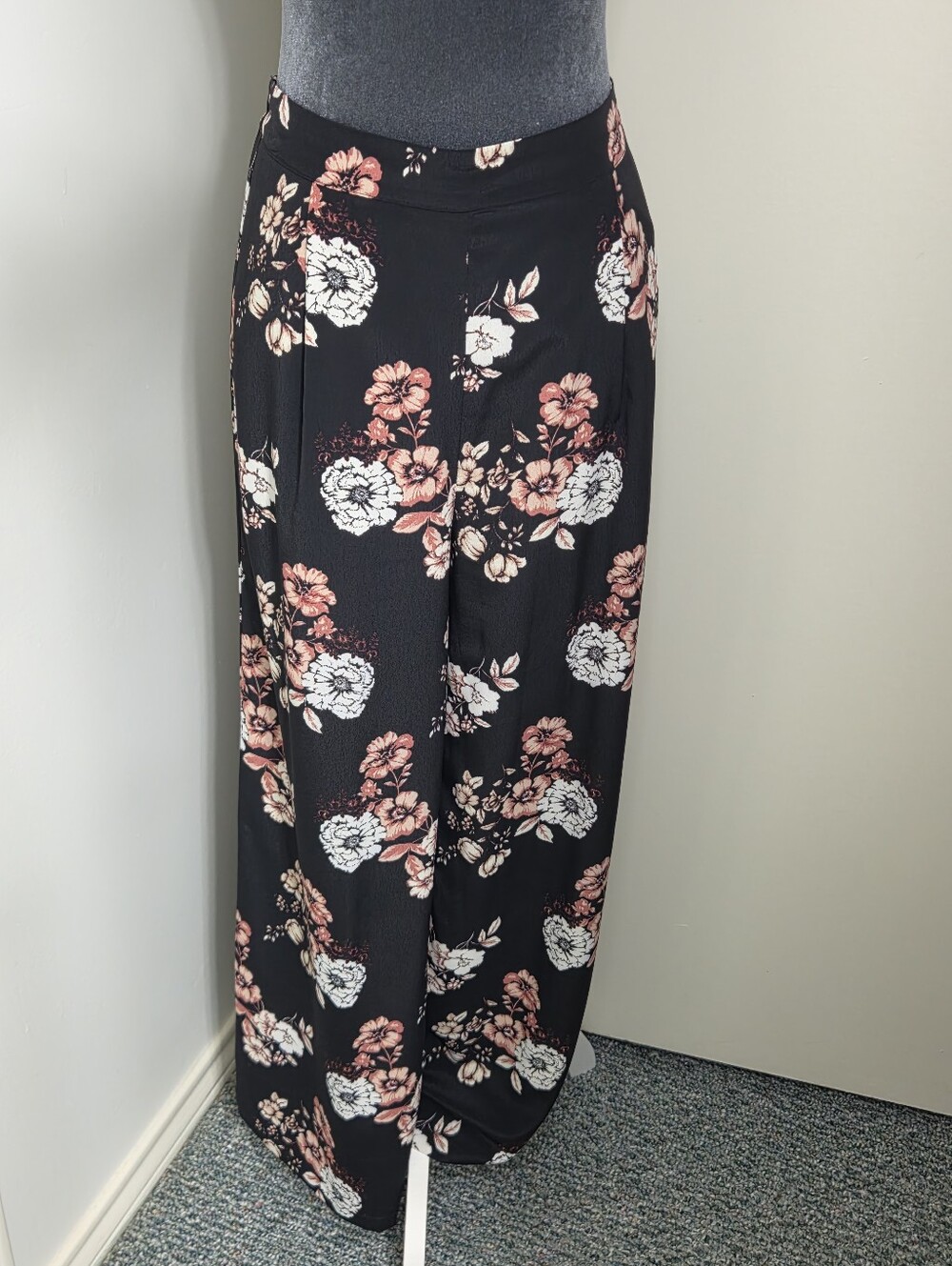 Naked Zebra Black Wide-Leg Floral Pants with Pink and White Blooms
